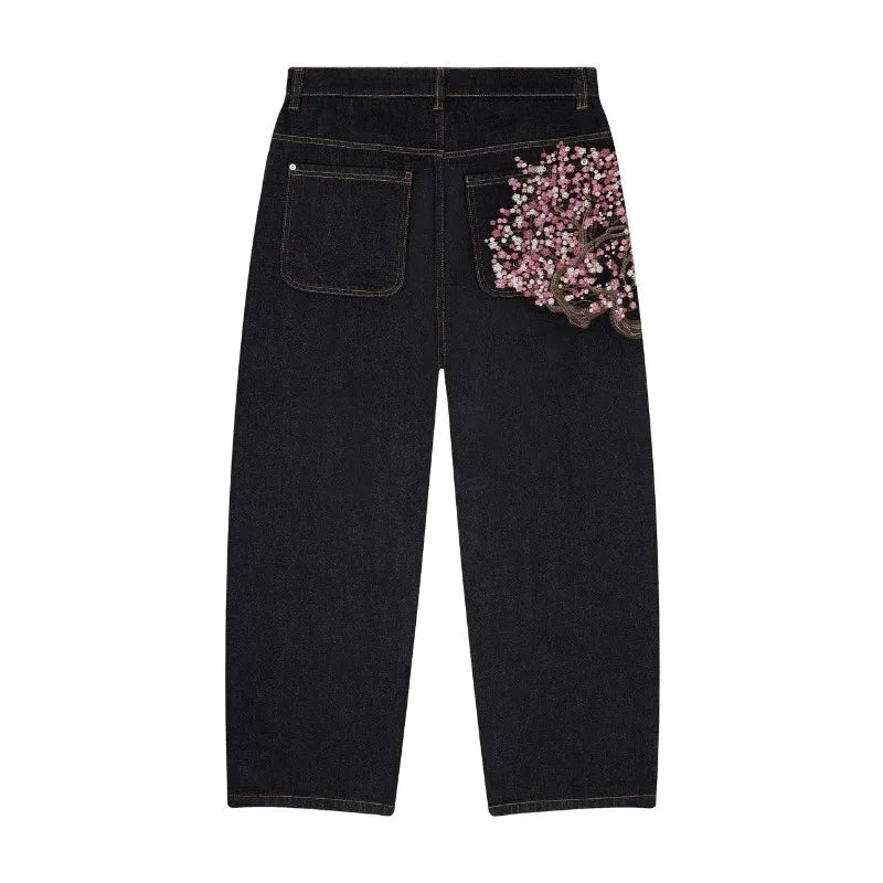 Y2K Harajuku Jeans Goth Vintage Plum Blossom Embroidery Pattern Wide Leg Pants Men Women Denim Fabric American Style Street Wear