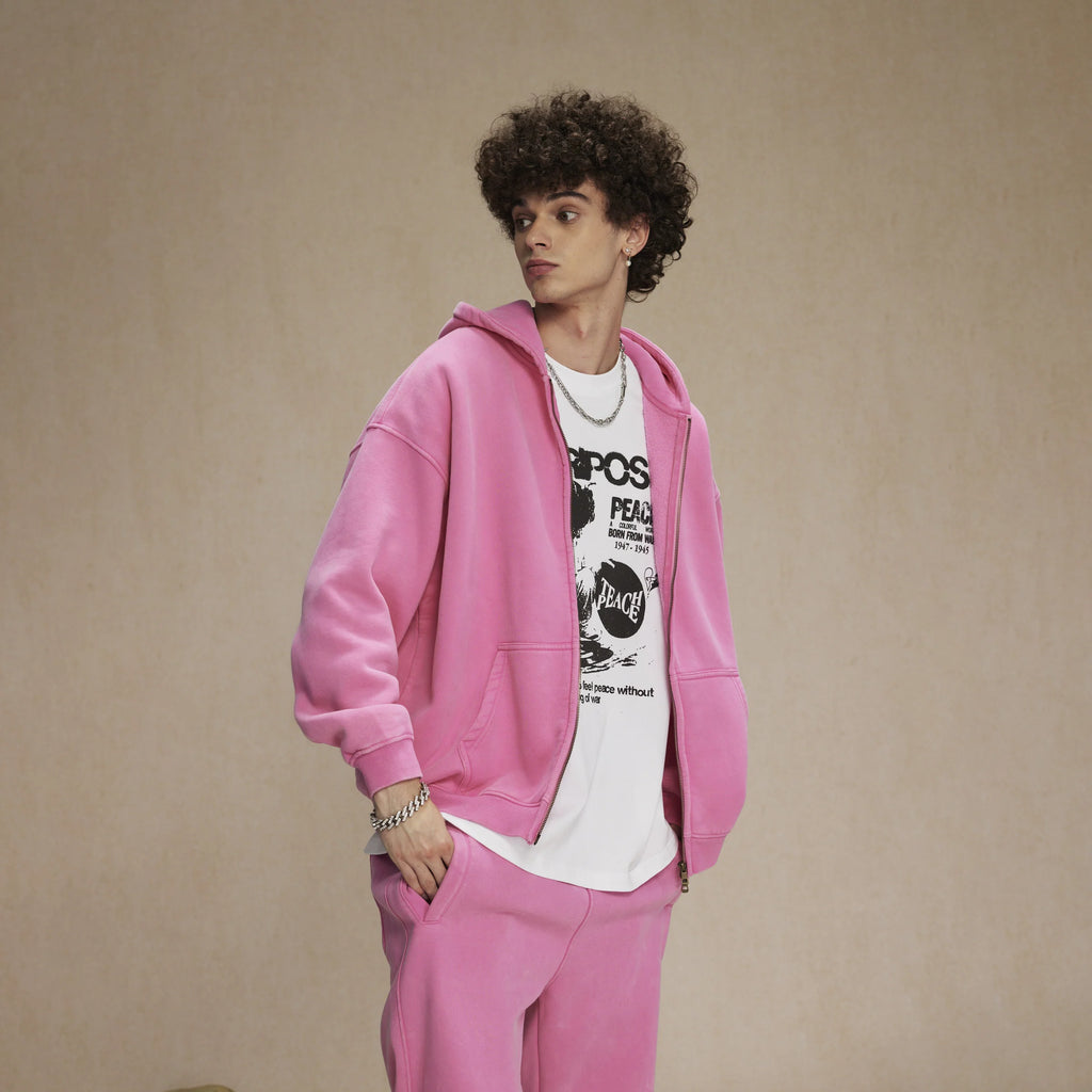 Washed Oversized Retro Zip-Up Hoodie