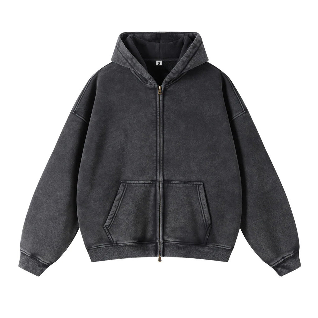 Washed Oversized Retro Zip-Up Hoodie
