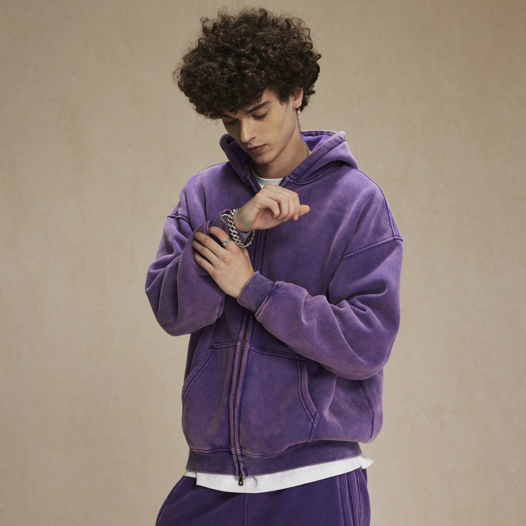 Washed Oversized Retro Zip-Up Hoodie
