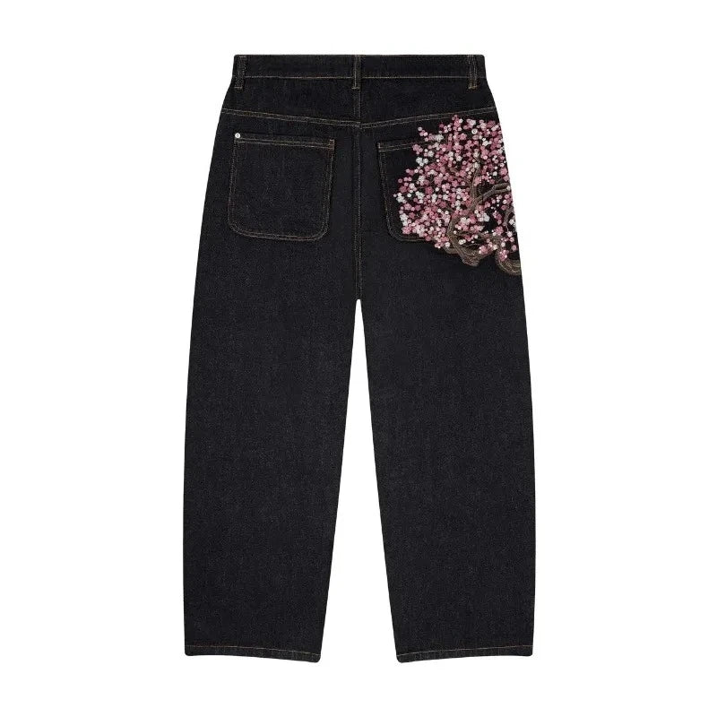 Y2K Harajuku Jeans Goth Vintage Plum Blossom Embroidery Pattern Wide Leg Pants Men Women Denim Fabric American Style Street Wear